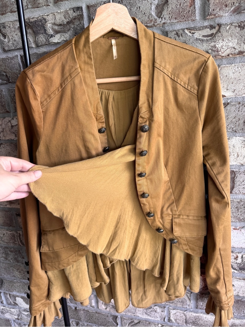 Free People Ruffle Hem Military Jacket XS Mustard Brown Boho Victorian - Picture 7 of 13